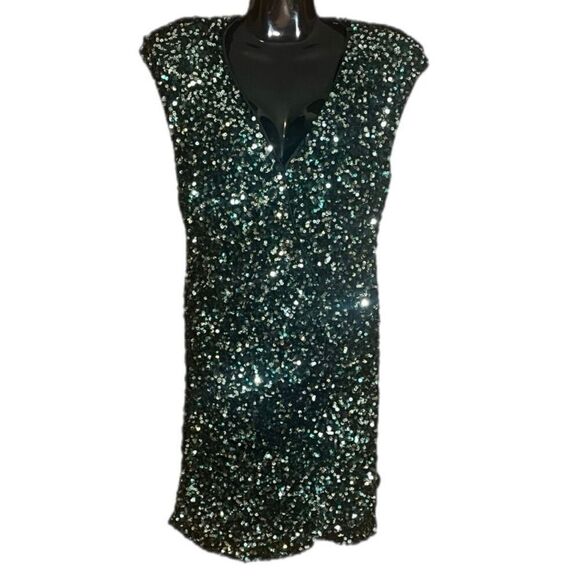 ASTR Green Sequin Cap Sleeve Back Zipper Mini Dress Sz M - Picture 2 of 7